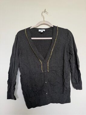 LOFT Charcoal V-Neck Cardigan with Gold Stud Trim